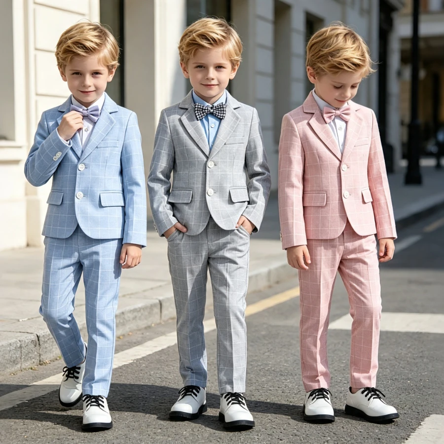 Boys Plaid Suit Set Blazer Pants Shirt Bow Tie Kids Easter Spring Wedding Outfit Formal Party Tuxedo Children Clothing 2-14 Year