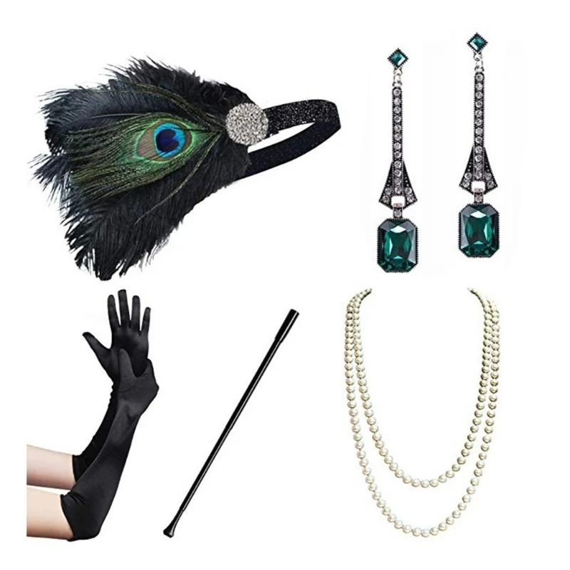 Y5GC 1920s dansers geweldige accessoires ingesteld voor dames flapper kopstuk hoofdband vintage parels kettinghandschoenen