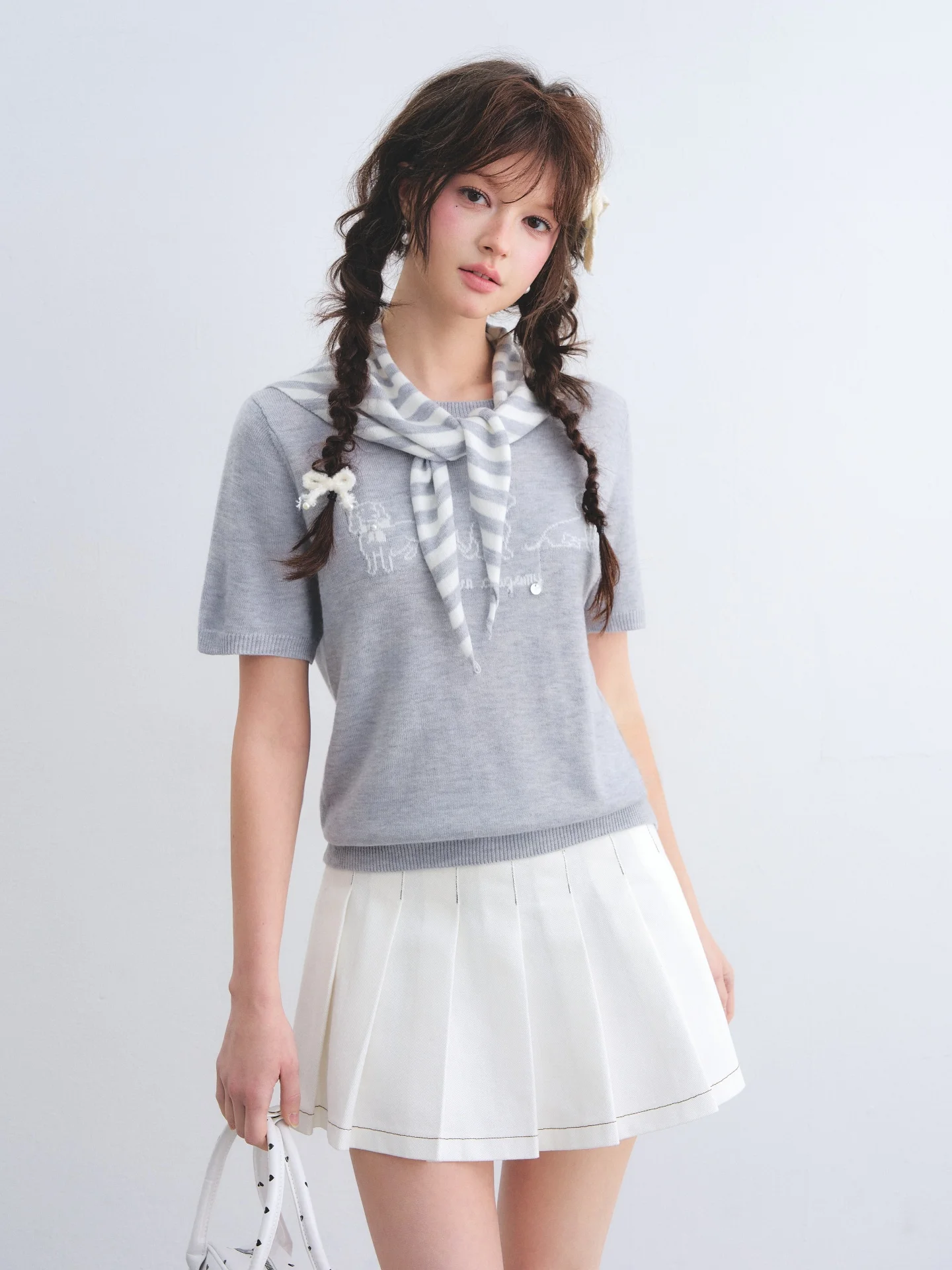 

Комплект AsGony: футболка с коротким рукавом и шарф из шерстяной смеси, повседневная вязаная одежда с круглым вырезом, удобная, дышащая, в полоску