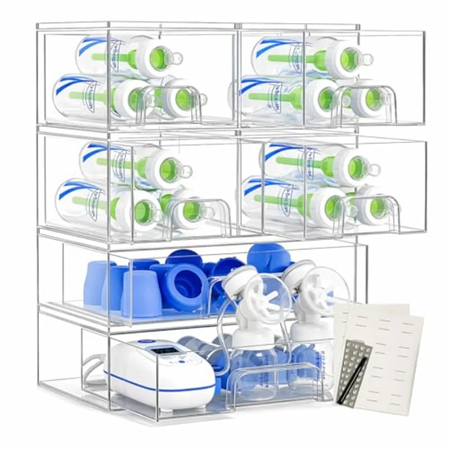 

Clear Baby Bottle Organizer For Cabinet, Storage Bins with Pull-Out Drawers, 6-Pack Organizer Set with Labels, Premium PET Plas
