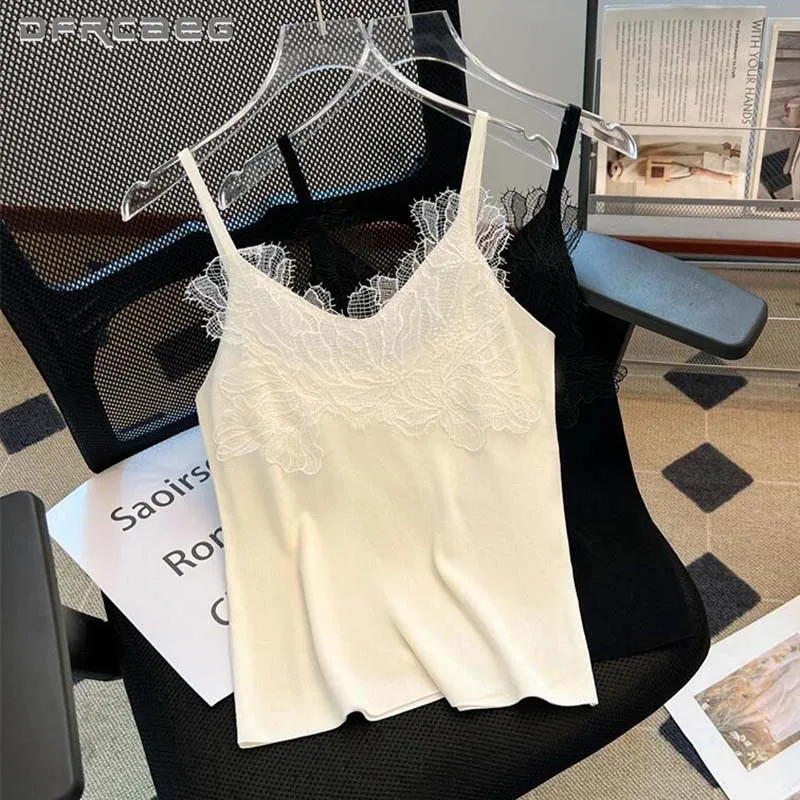 

Patchwork Lace Knitted Vest Women's Summer Stretchy Slim-Fit Casual Camis Sexy Hotsweet Tank Top