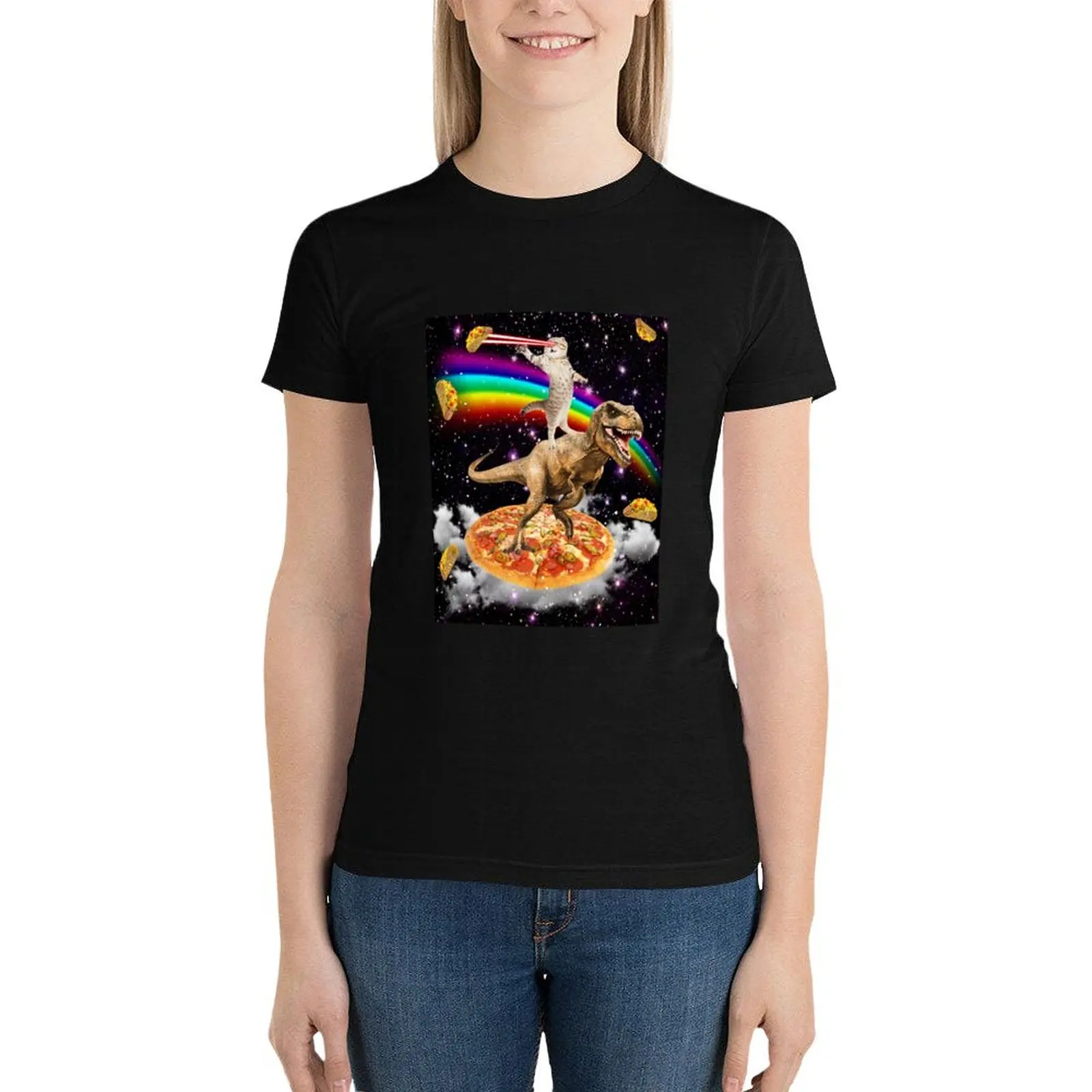 Galaxy Laser Eye Cat on Dinosaur on Pizza with Tacos & Rainbow T-Shirt graphics heavyweights white t-shirt dress for Women sexy