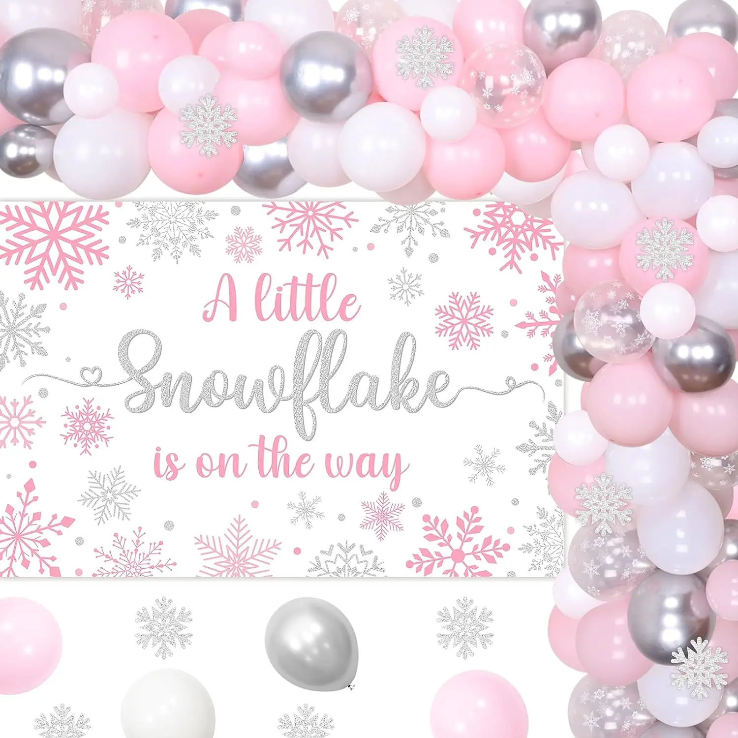 Winter Baby Shower Decorations for Girl A Little Snowflake Is on The Way Backdrop Pink Silver Balloon Arch for Girl Baby Shower