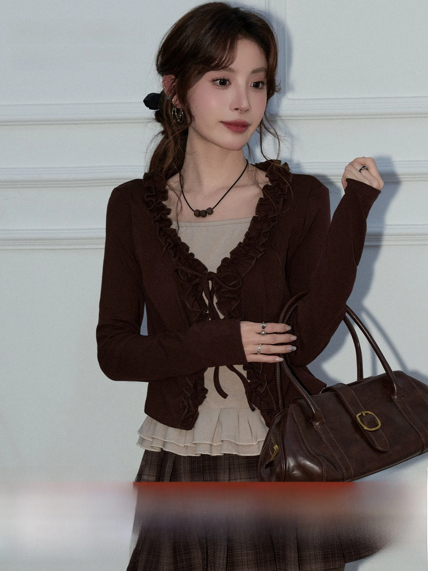 

Женская трикотажная кофта Meng Xiaoqi с длинным рукавом для ранней весны, базовый слой, имитация двухслойности