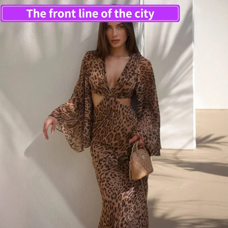 

Сексуальное кружевное платье с разрезом, облегающее, с поясом, с леопардовым принтом, глубоким V-образным вырезом, модное, на одно плечо, со средней талией, из полиэстера, с длинными рукавами, летнее