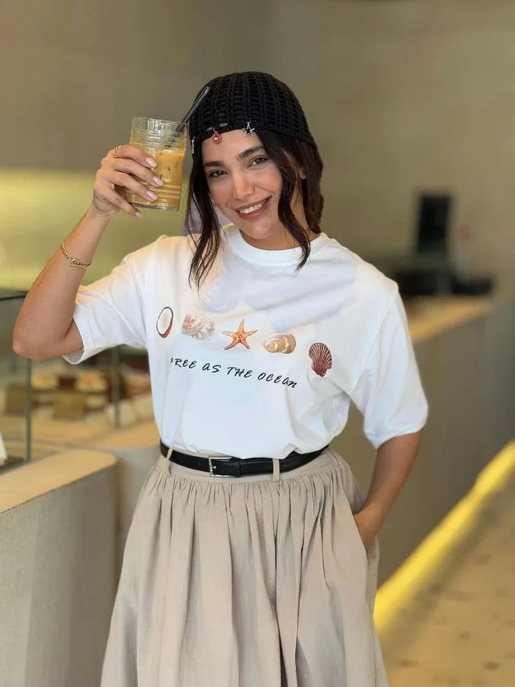 Retro American Summer Ocean Style T-Shirt Women's Loose Short Sleeve Starfish  Print Trendy Cotton round Neck Top