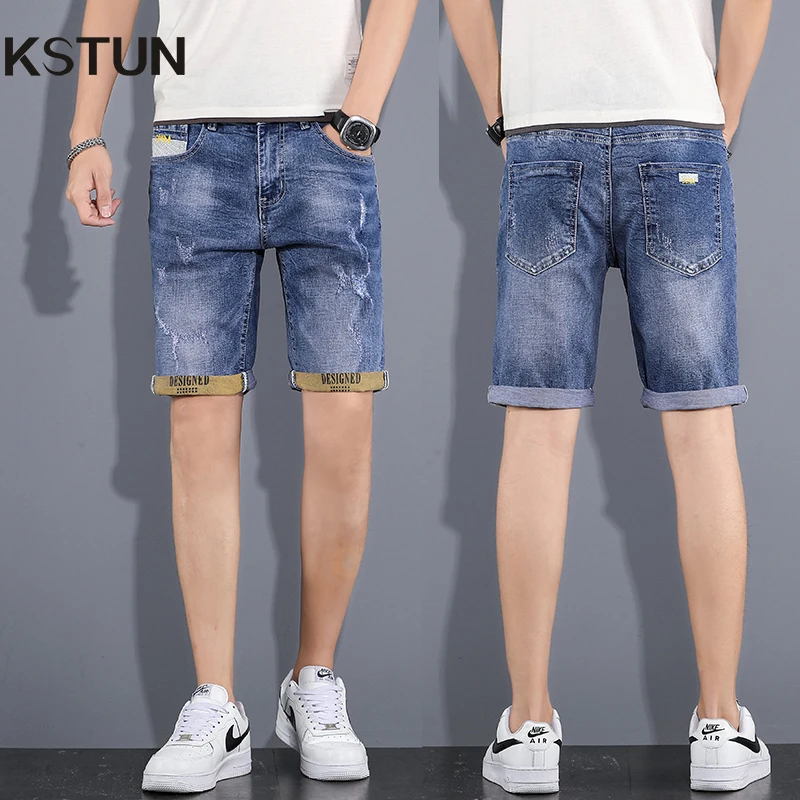 

Denim Short Jeans For Men Slim Fit 2024 Summer Shorts Stretch Blue Cuffs Desinger Fashion Letters Streetwear Casual Distressed