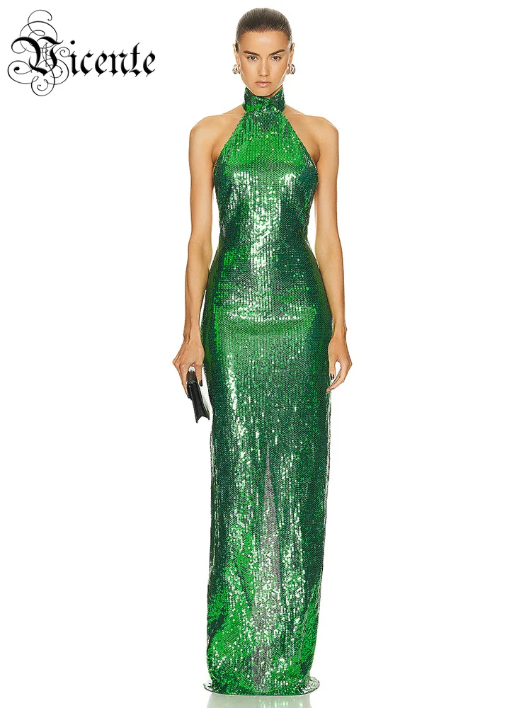 

VC Luxury Party Dresses For Women Sexy Backless Green Sequins Sparkle Female Clothing Sleeveless Long Dress