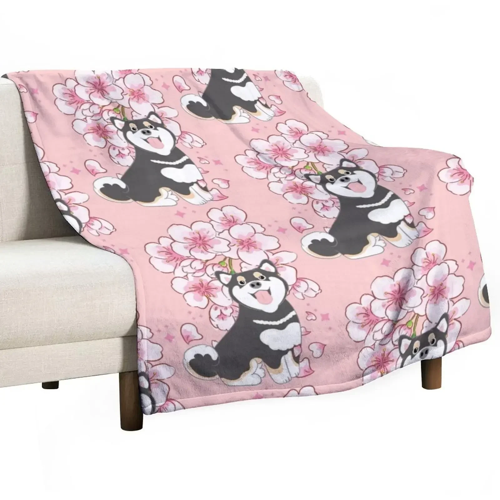 Black Tan Shiba Inu Cherry blossom Throw Blanket Soft Plaid Warm Blankets