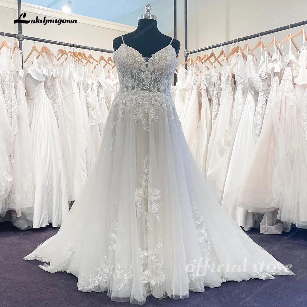 

Lakshmigown V-neck Wedding Gown For Bride Lace Appliques A-line Backless Sequined Spaghetti Straps Robe De Mariée Customized