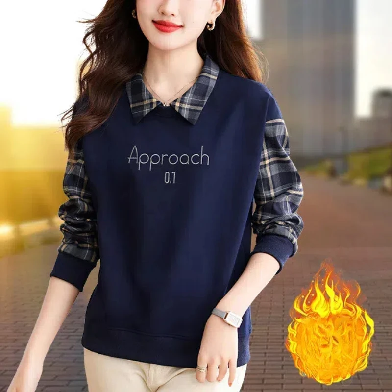 Women's Clothing Hoodies Turn-down Collar Pullover Letter Embroidered Checkered Lantern Long Sleeve Casual Office Lady Tops