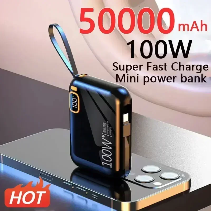

50000mah Portable Power Bank PD100W Detachable USB to TYPE C Cable Two-way Fast Charger Mini Powerbank Mobile Power Supply