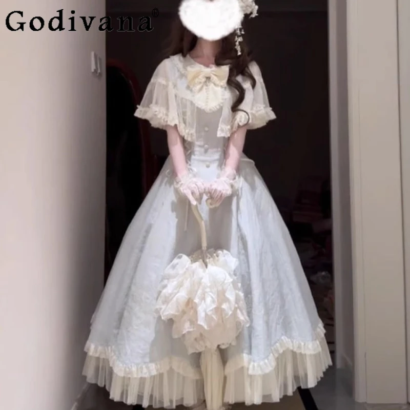 

Girls Bowknot Lolita Style Sweet Cute Dress Summer Bow Collar Birthday Party Dress Lace High Waist Princess Dress for Women