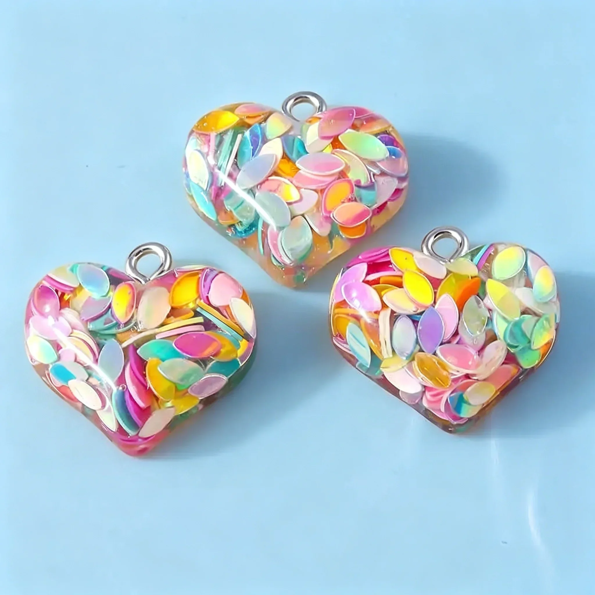 10Pcs 18*19mm Cute Sequined Heart Resin Charms, Love Heart Pendants for Handmade Necklace Earring Craft Findings