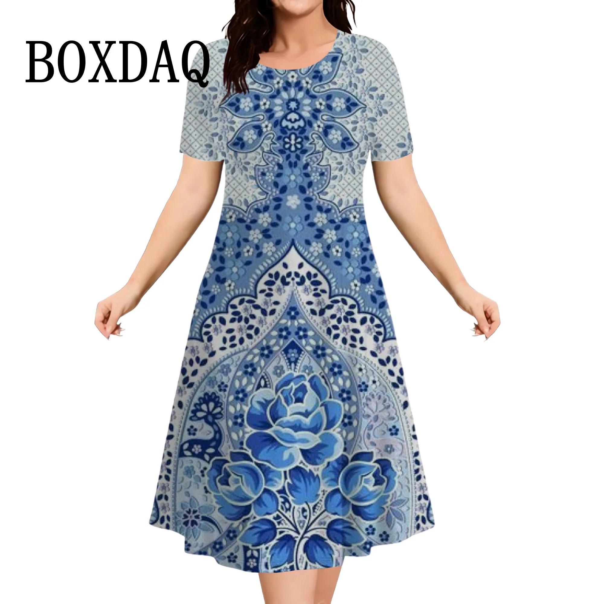 Blue Flower 3D Print Women's Dress Plus Size Summer Clothing Fashion Short Sleeve Loose A-Line Dress Casual Large Sizes Dresses