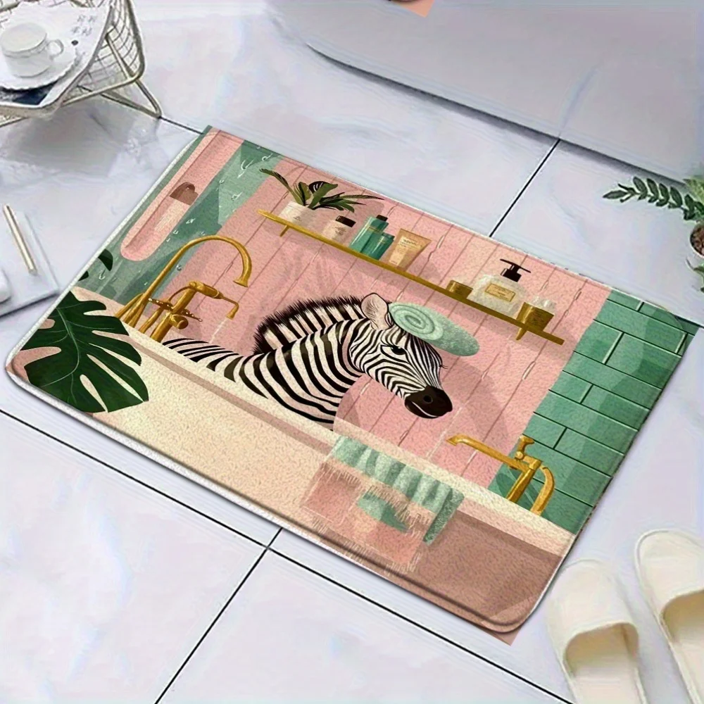 Zebra in the Bath Humorous Floor Mat Creative Animal Design  Flannel Non Slip Rug for Bathroom Living Room Welcome Doormat