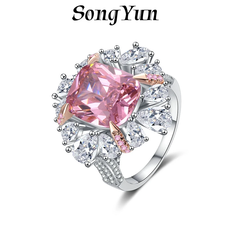 SONGYUN High Carbon Gemstones Jewelry S925 Sterling Silver Pink Two‑tone Full‑paved Women's Ring, Luxury Style