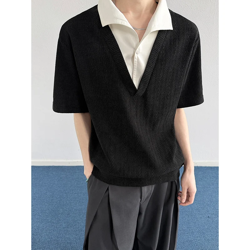 

Summer Short Sleeved T-shirt Men Fashion Lapel T-shirt Men Streetwear Korean Loose Fake Two Piece T Shirt Mens Top Large Size