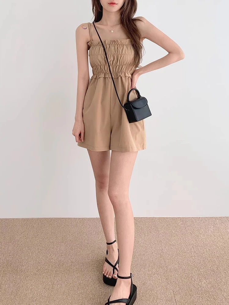 Tuta da donna con cinturino dal design semplice e alla moda per il tempo libero, pantaloni corti casual in tinta unita retrò stile francese nuovo estivo