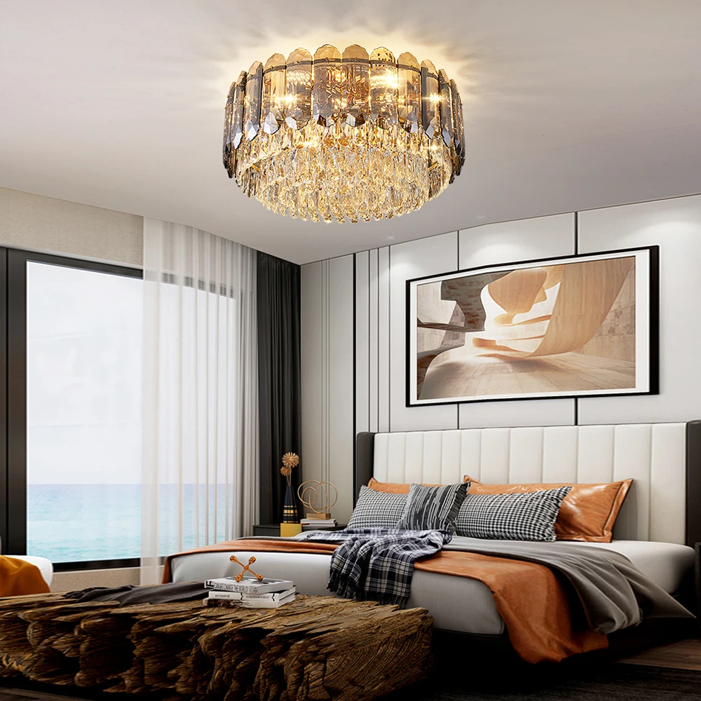 Luxury Smoky Gray Crystal Ceiling Lights 2026 New Postmodern LED Lighting Home Decoration Lamps for Living Room Decor Lustres
