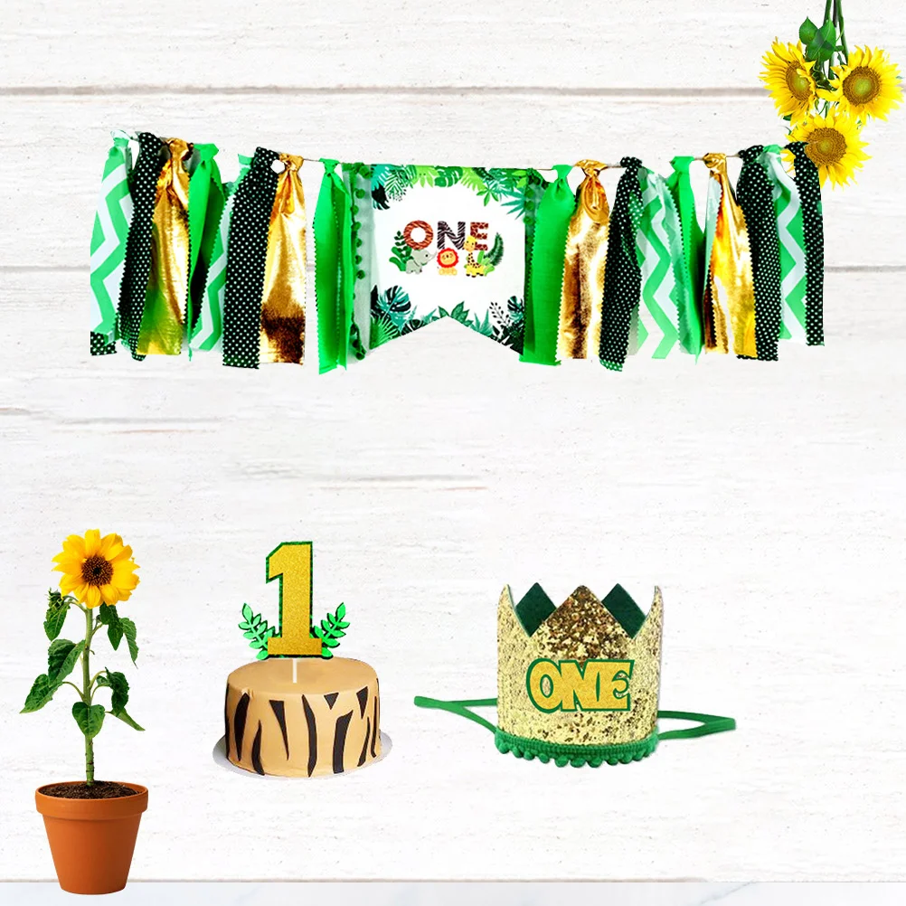 

3pcs Animal Decorative Flags Jungle Theme One-Year-Old Birthday Banner Cloth Garland Hanging Decoration For Shower