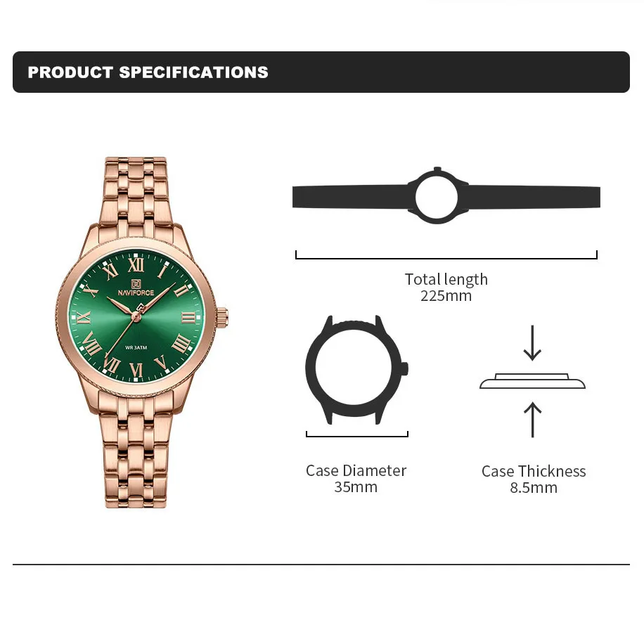 NAVIFORCE, nuevo reloj para mujer, relojes de pulsera de cuarzo resistentes al agua románticos a la moda para mujer, reloj femenino de acero inoxidable