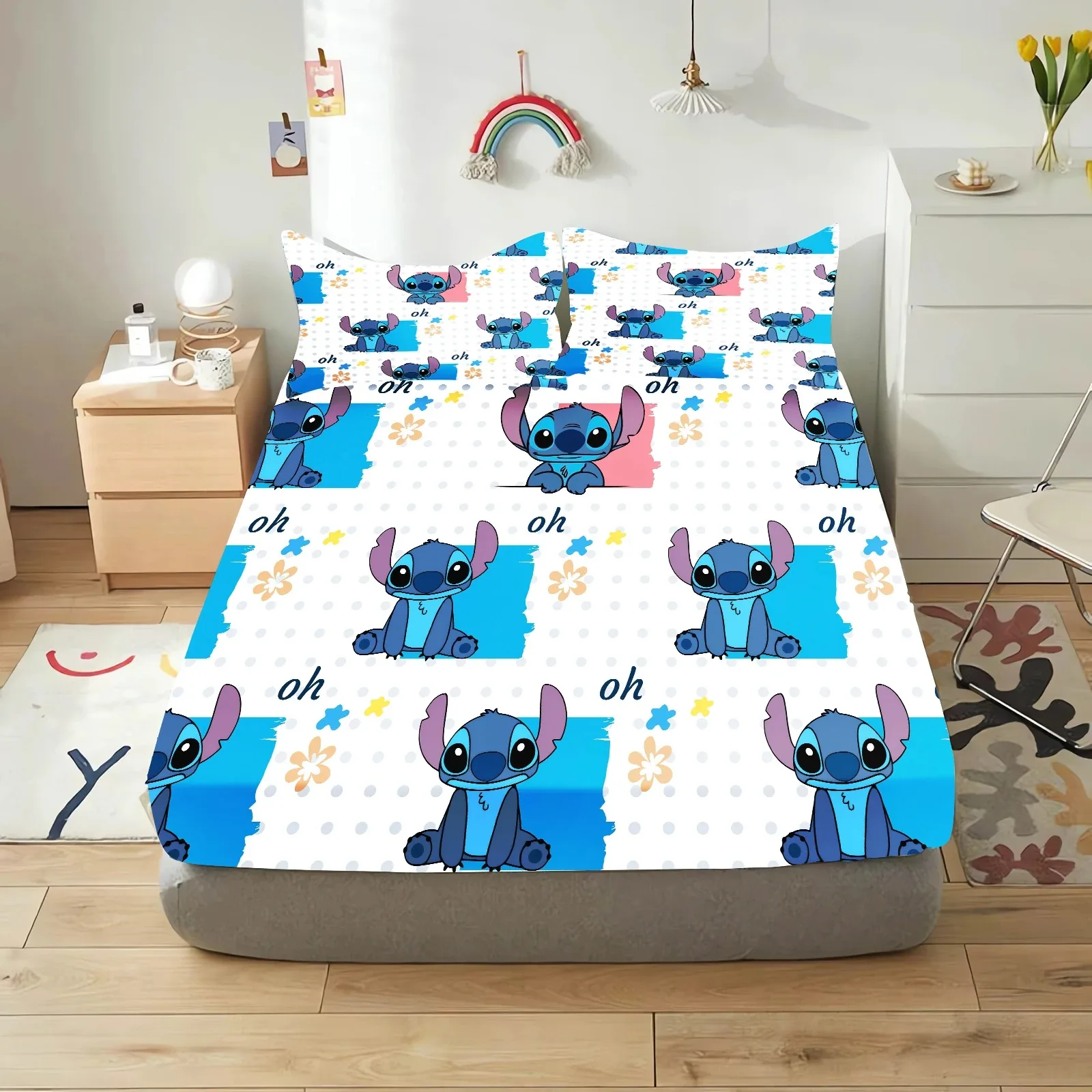 Stitch Bedding Set,Disney Cartoon Fitted Sheet 3pcs Printed With Pillowcase,Suitable For Girls Boys Adults birthday gift