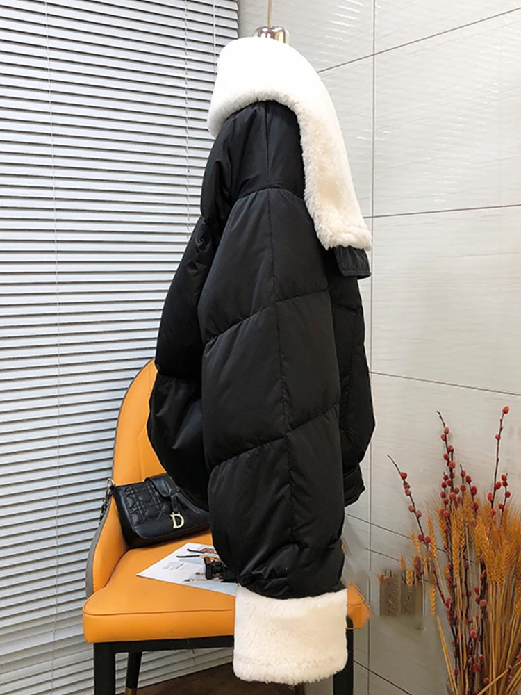 2025 Winter Warm Women's Coat Thick Goose Down Jacket Real Big Merino Sheep Fur Collar Jacket Female Streetwear