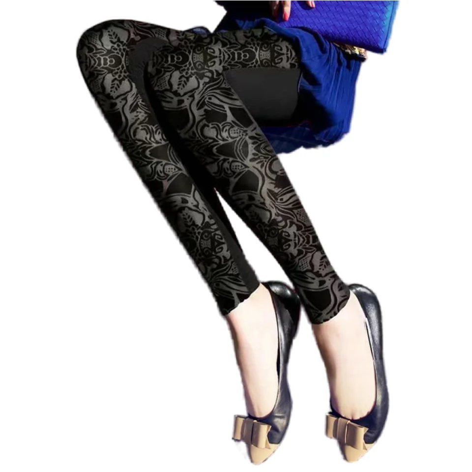 Women's Legging Korean Edition Decorative Pattern Thin Gold Velvet Sexy Fashion Bottom Pants Velvet and Lace Stitching