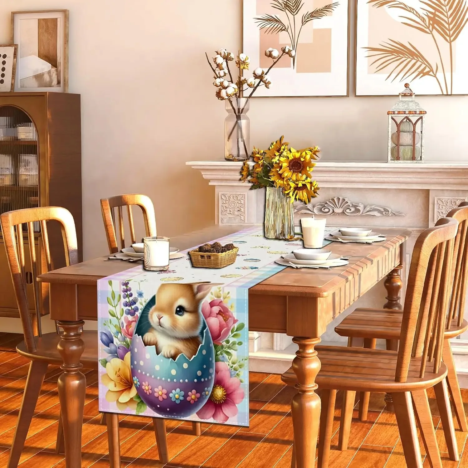 Easter Table Runner, Cute Bunny in Cracked Egg Floral Butterfly Print, Pastel Plaid Border Spring Holiday Dining Decor