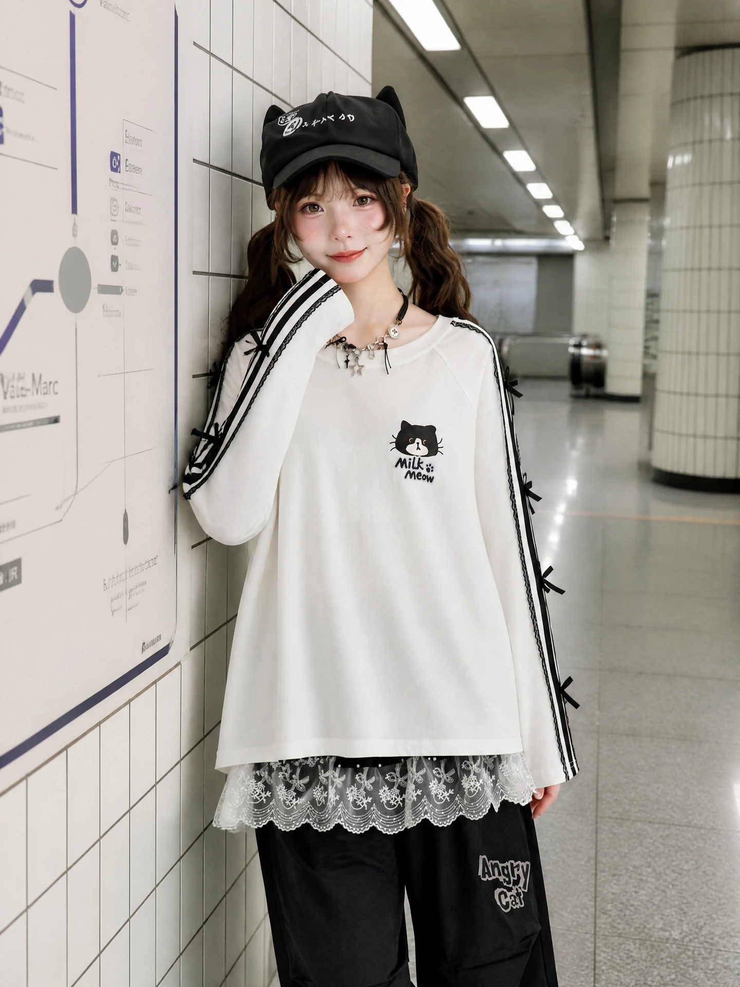 Sweet Style Long Sleeve T-Shirt Women's round Neck Print Cotton Autumn Top  Knot Lace Cows And Kittens Sleeve Design