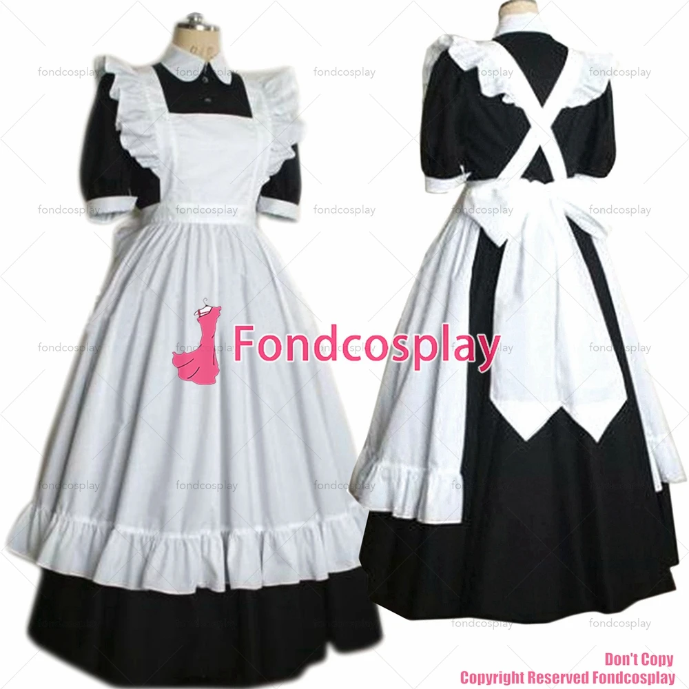 

fondcosplay adult sexy cross dressing sissy maid long black cotton dress lockable Uniform white apron costume CD/TV[G2189]