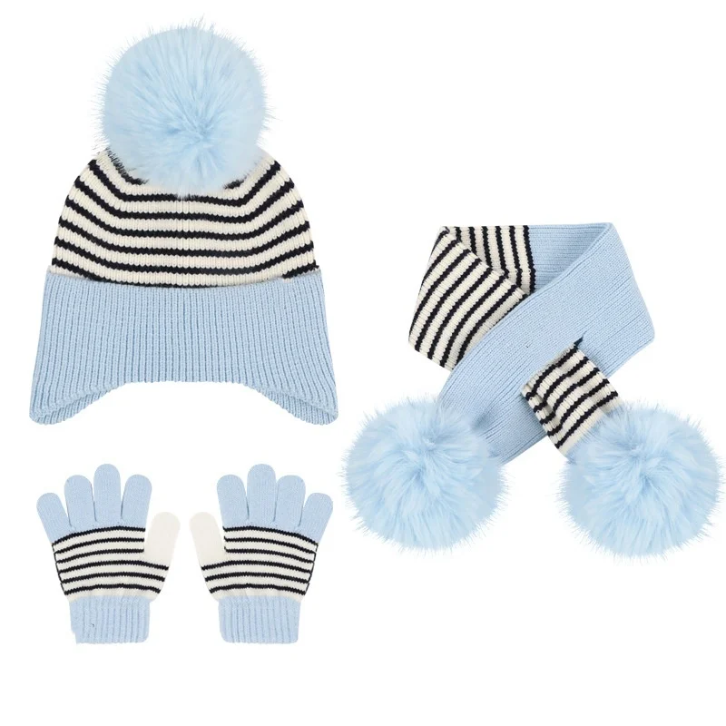 Classic striped Kids Jacquard Warm Knitted Scarf Children soft Scarf with pom Winter Cap baby girl boy Beanie Hat Scarf Set