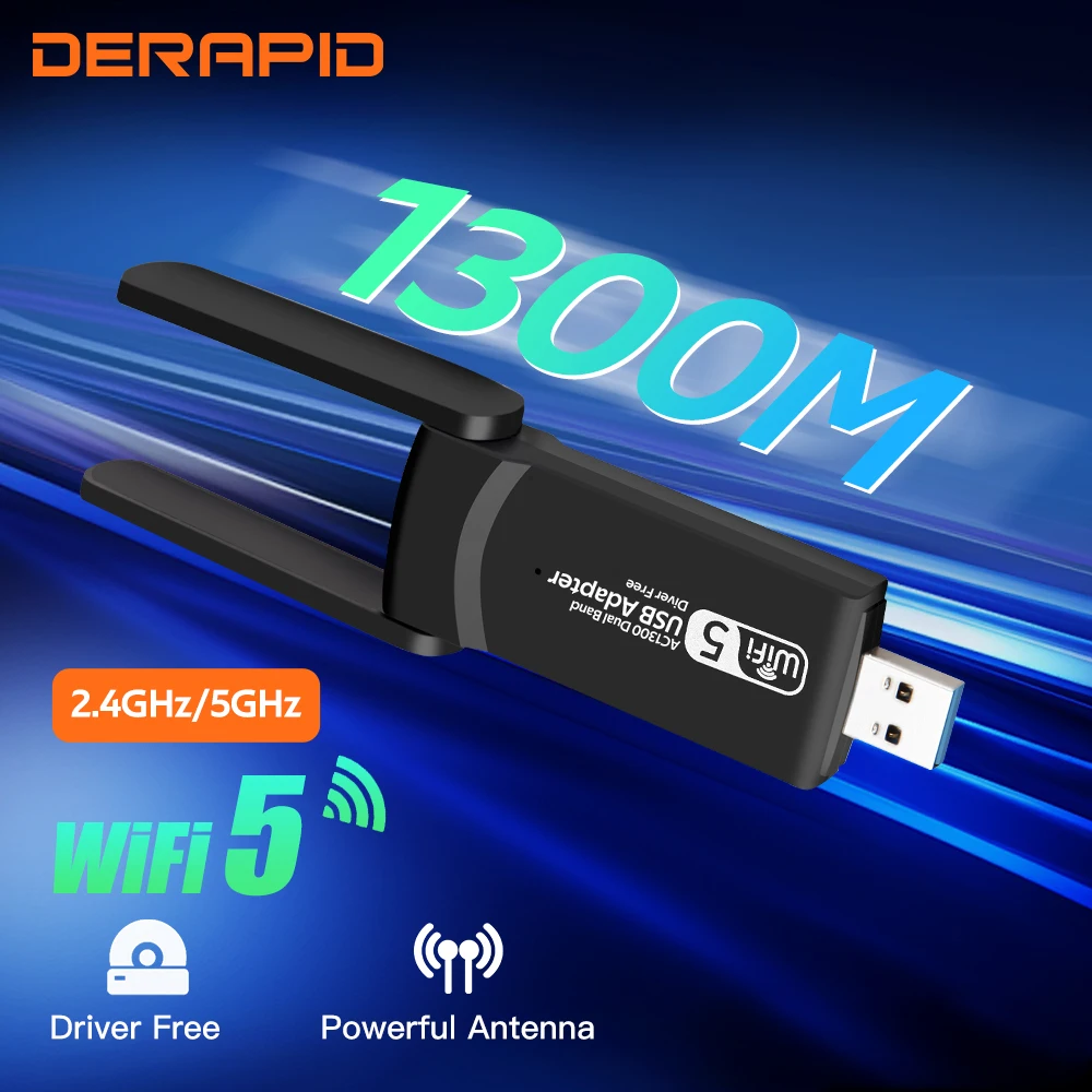 1300Mbps USB WiFi Adapter Dual Band 2.4G/5GHz Network Adapter 802.11AC WiFi Antenna Dongle For PC/Laptop Driver Free Win10/11