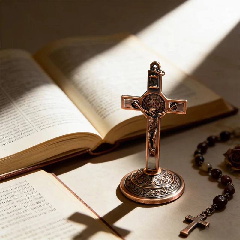 

New Traditional Catholic Standing Cross St. Benedict Medal Inlay with Crucifix Premium Devotional Altar Decor for Church & Home