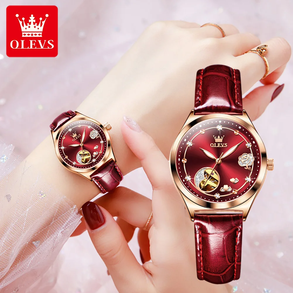 OLEVS Fashion Women Mechanical Watches Bracelets and Necklaces Set Leather Strap Luxury Hollow Ladies WristWatches Reloj Mujer