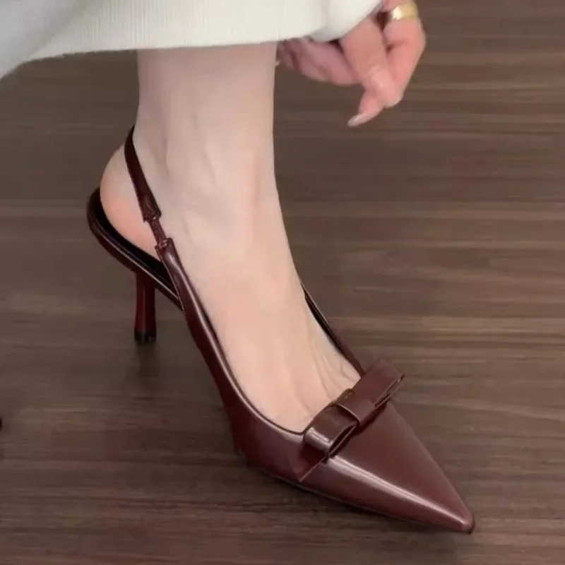 Reine Farbe Spitze High Heels frauen Sommer Neue Retro Bogen Dünne Fersen Zurück Leere Sandalen Mode Sexy Party frauen Schuhe