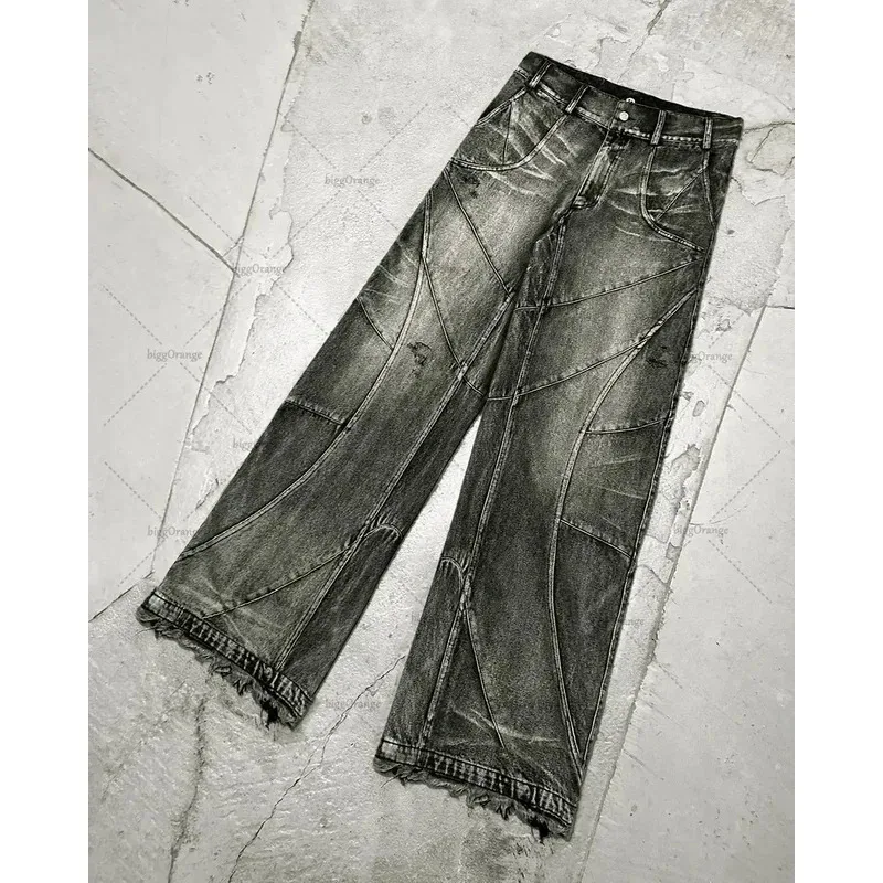 

Destroyed Stitching Jeans Men's Black Washed Jeans Gothic Style Street Trend Clothing Retro Loose Wide Leg Pants Fall Guys