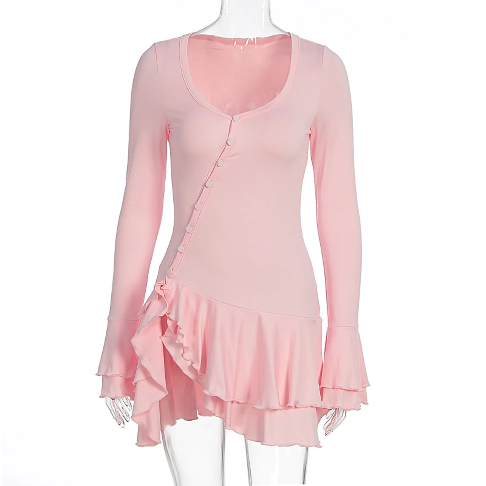 Minivestido feminino com babados na frente, manga comprida com botões e punhos alargados, bainha com babados em camadas para uso casual diário