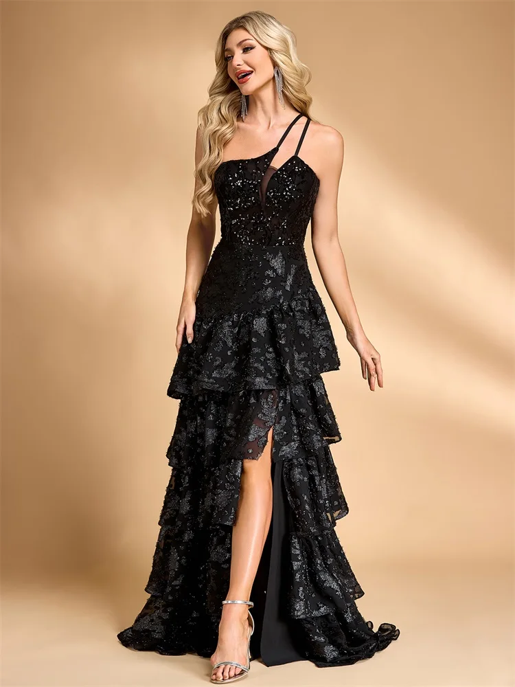 BLUEPLUM Abito da torta con scollo all'americana di lusso con spalle oblique Abiti da sera formali con spacco di paillettes di lusso Abiti da cocktail eleganti per feste a sirena