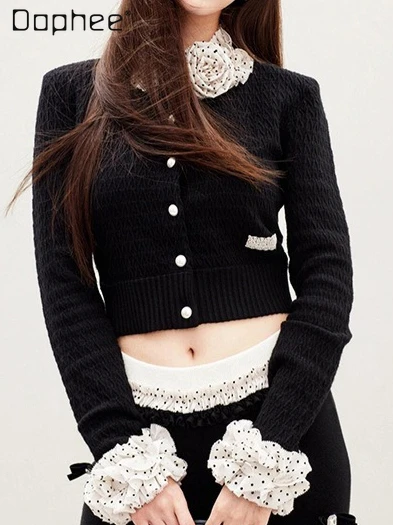 

Spring Gorgeous Beaded Polka Dot Patchwork Round Neck Long Sleeve Elegant Fashionable Short Top Slim Fit Knitted Short Cardigan