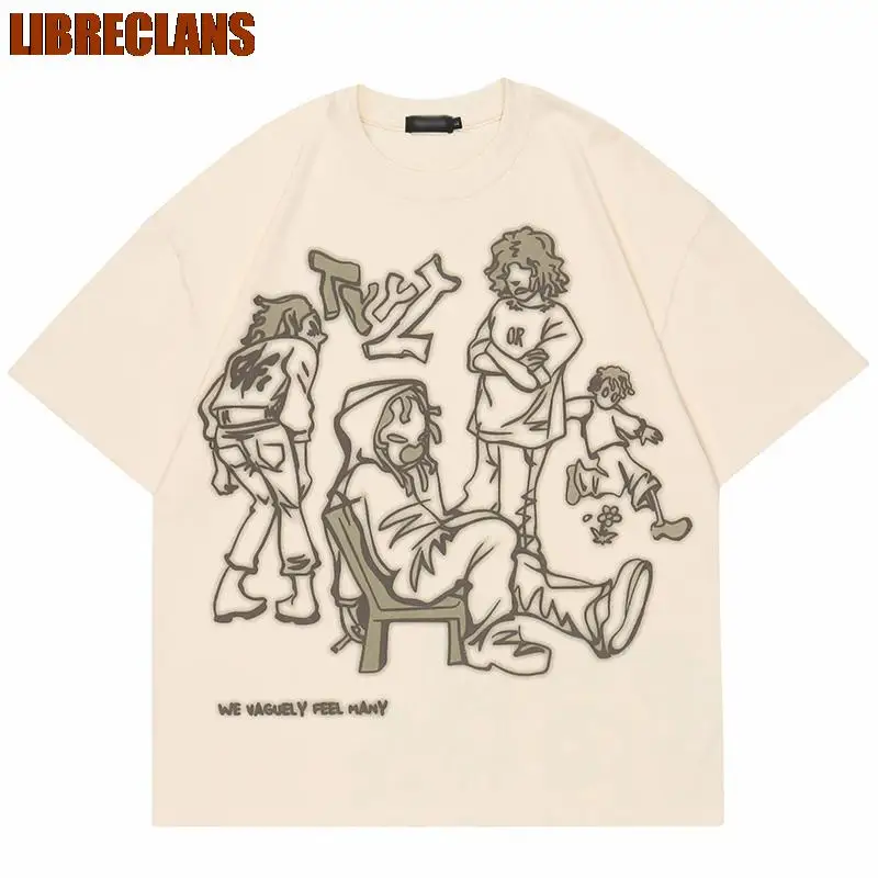 LIBRECLANS 2023 New Harajuku Cartoon Print Cotton T-shirt Boys and Girls Round Neck Summer Women Casual Top Hip Hop Streetwear