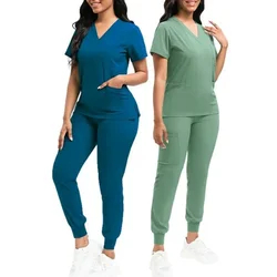 Women V-neck Short Sleeve Scrubs Surgical Nursing Uniforms Nurse Pocket Workwear Dentist Medical Uniforms Clinic Scrub Suit