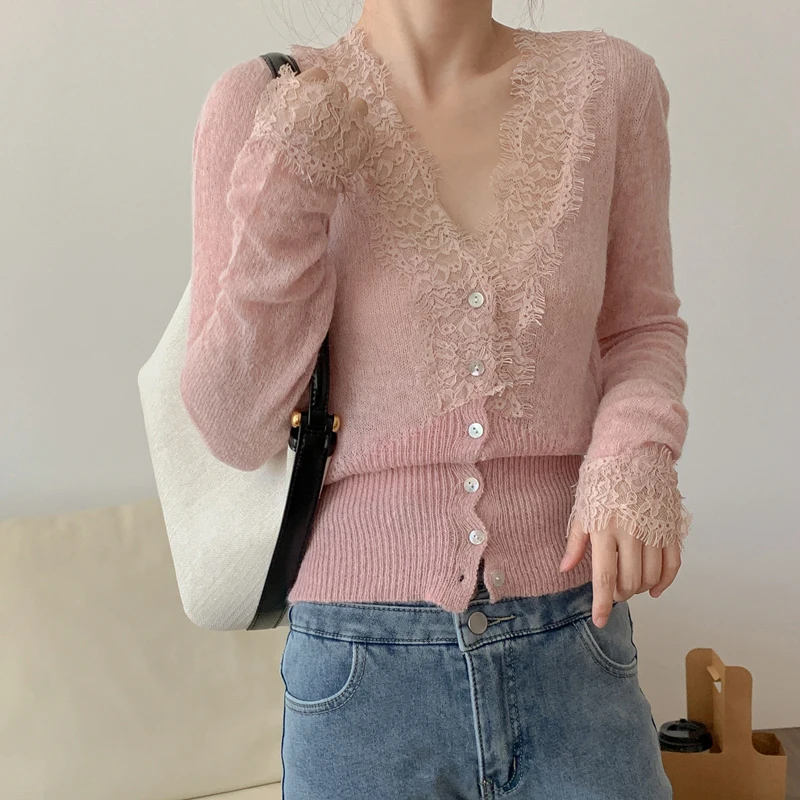 Black Lace Women Sweater Korean Elegant Knitted Slim Female Casual Cardigan Autumn Retro Patchwork V Neck Ladies Crop Tops