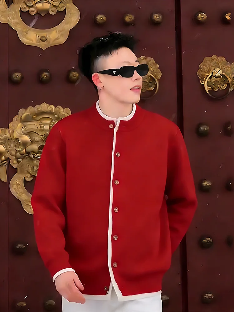 

Red Fake Two-Piece Open Cardigan Knitwear Men's Winter Lazy Sle High-End Feeling Haome Knitted Sweater Coat