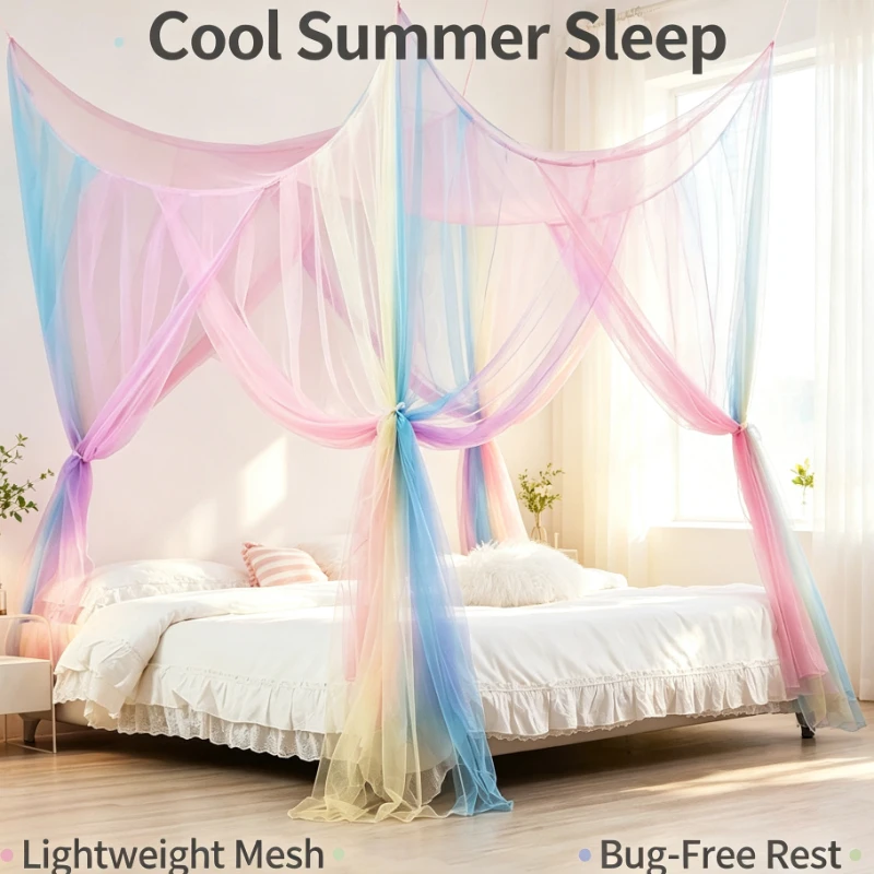Bed Canopy Mosquito Net Rainbow Four Door Princess Style For Bedroom Home Decor Elegant Double Layer Anti Mosquito Curtain Use