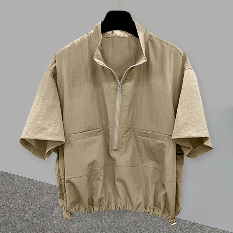Men Half Zip Stand Collar Short Sleeve Top Drawstring Hem Loose Plus Size Casual Workwear Shirts