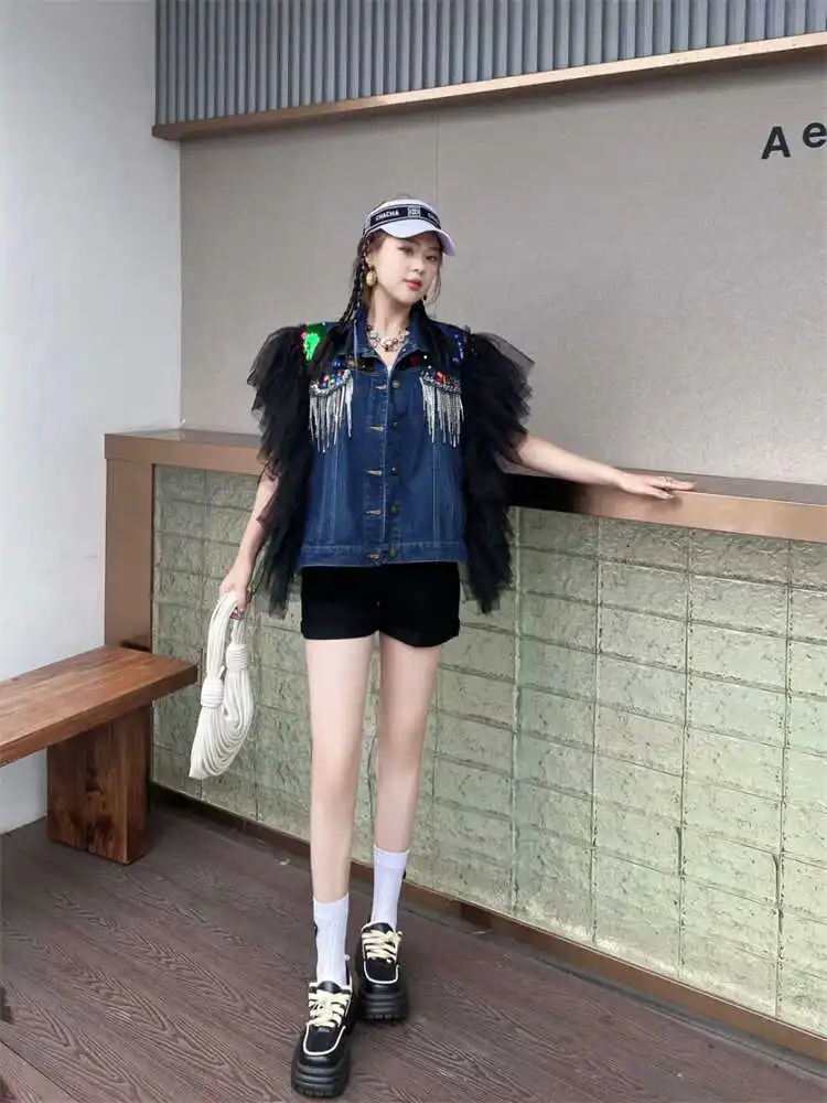 Fashion Brand Heavy Industry Colorful Crystals Tassel Denim Vest Female 2024 Summer New Loose Mesh Patchwork Vest Cardigan Women