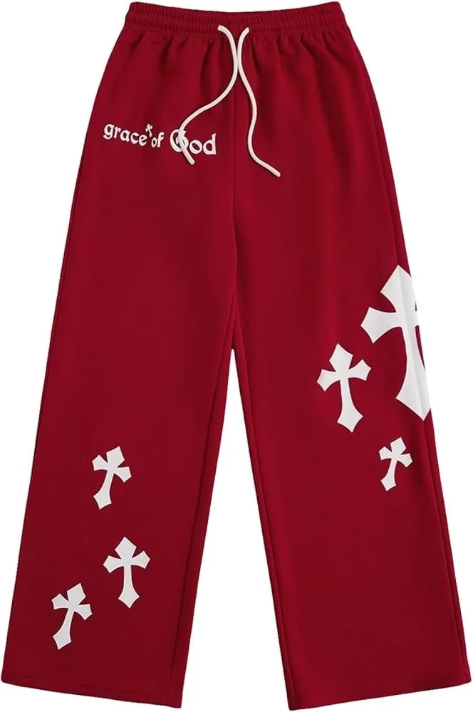 Men Gothic Vertical Cross Graphic Wide Leg Sweatpants Drawstring Loose Straight Baggy Y2K Dark Punk Streetwear Pants.