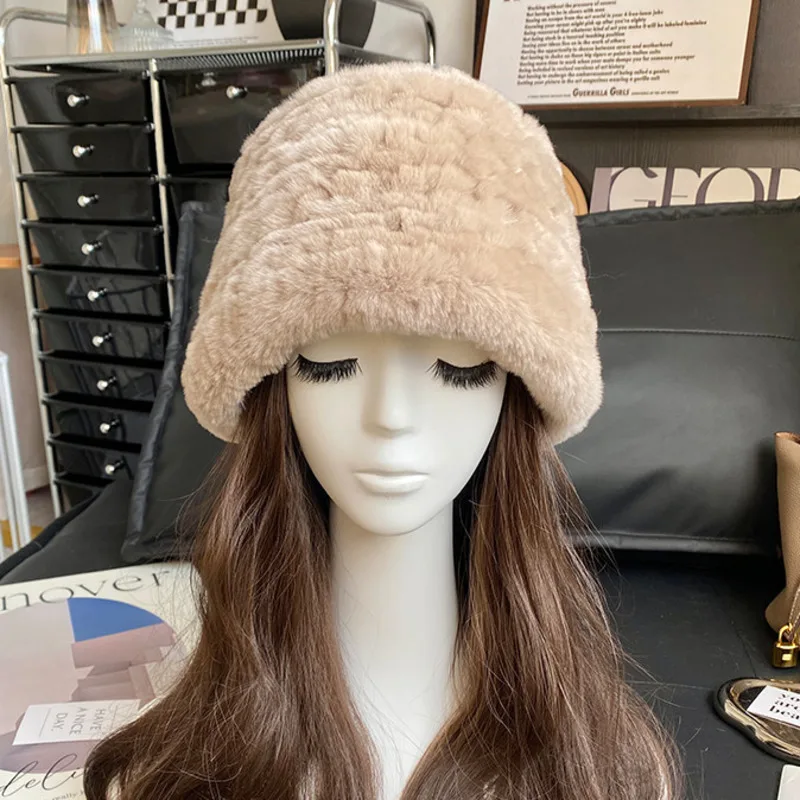 Real Rex Rabbit Fur Hat Winter Warm Bucket Hat Plush Fisherman Hat For Women Casual Cute Fur Hat For Outings thick warm fur caps